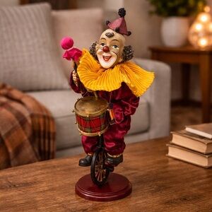 Vintage Circus Clown Figurine with Drum‎ on Unicycle Hand-Painted 12" Multicolor